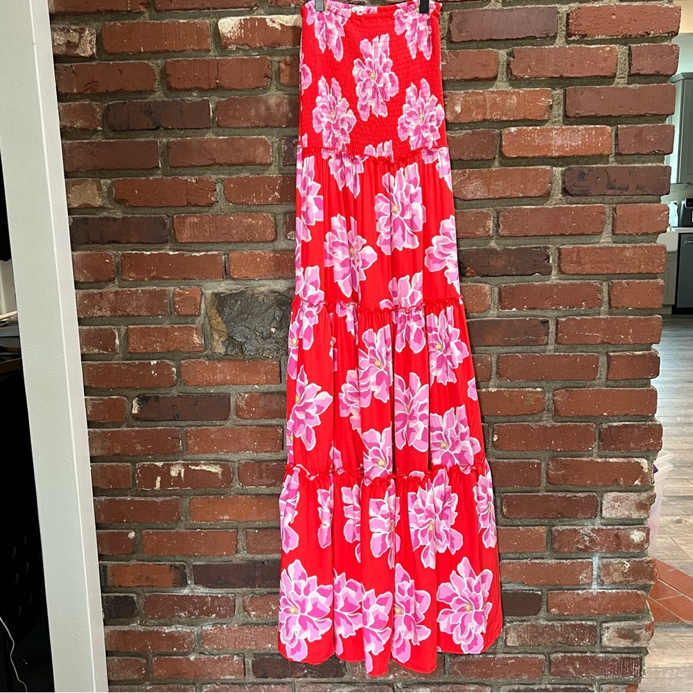 Abel the Label women's‎ red and pink floral strapless maxi dress size small NWT